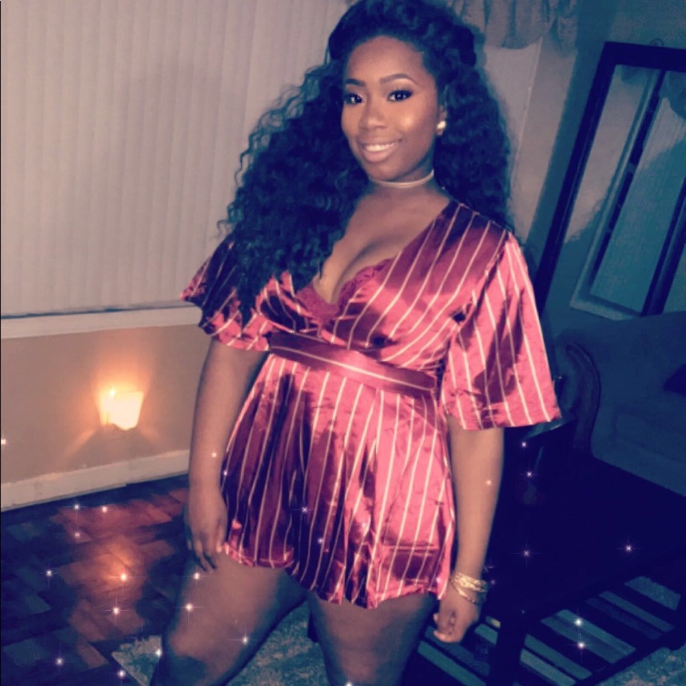 Navy Blue Plunging Striped Satin Romper